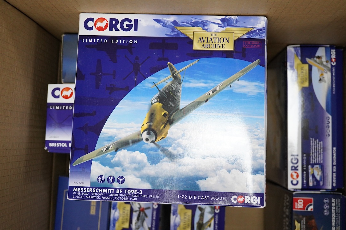 Eight Corgi Aviation Archive and Oxford Diecast aircraft, most in 1:72 scale; Bristol Beaufighter TF.X, Handley Page Victor K.2, Gloster Sea Gladiator, DeHavilland Mosquito B.IV, Messerschmitt BF 109E-3, Hawker Typhoon M